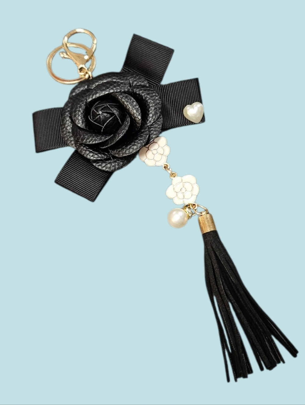 Black Vegan Leather Rose Tassel Bag Charm Keychain with Pearl Flower Accents